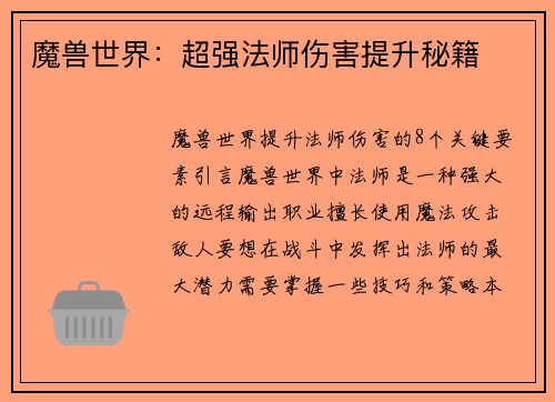 魔兽世界：超强法师伤害提升秘籍